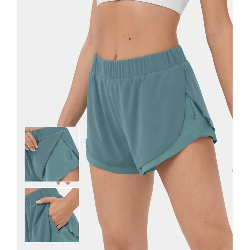 Halara‎ mesh split 2 in 1 running shorts size small spruce workout activewear
